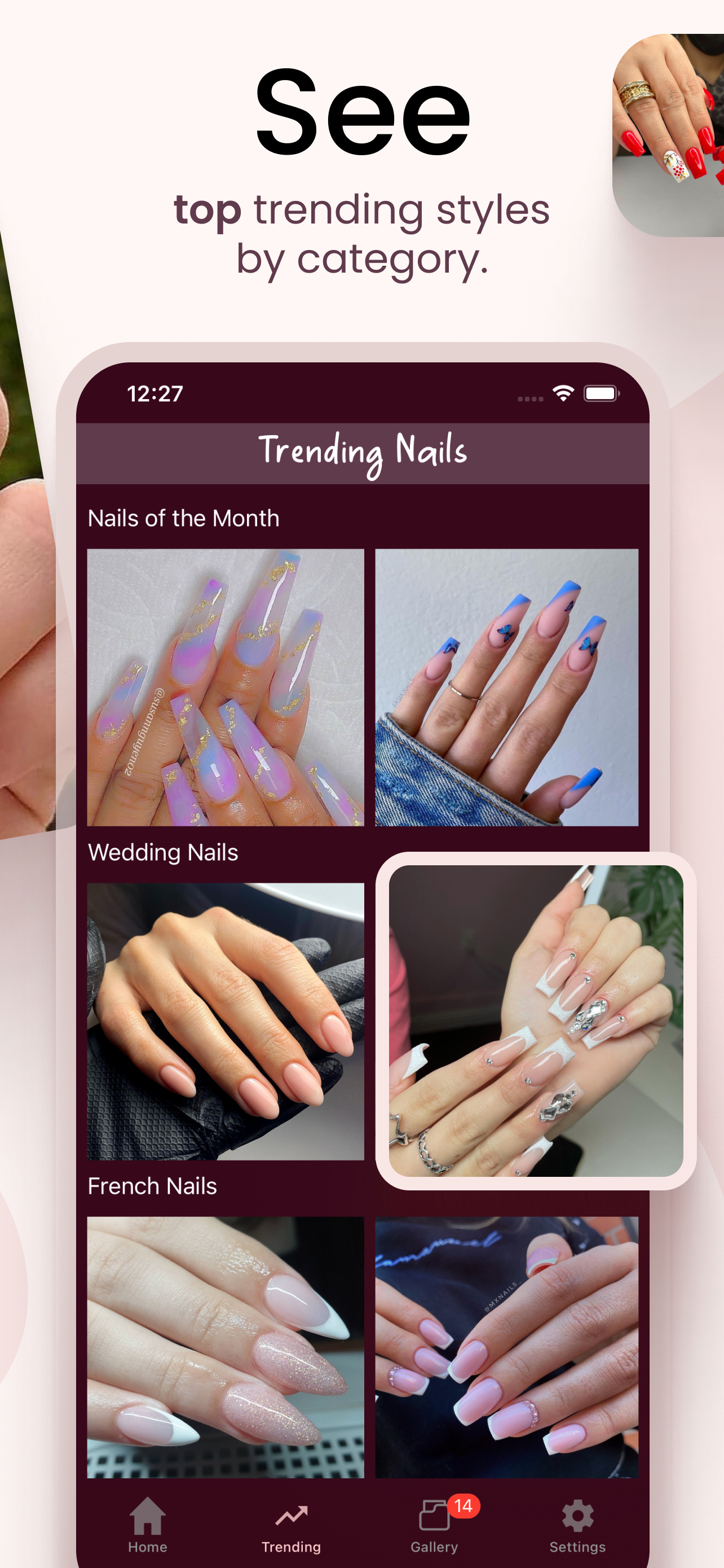 See trending nail styles by category, including wedding and French nails.