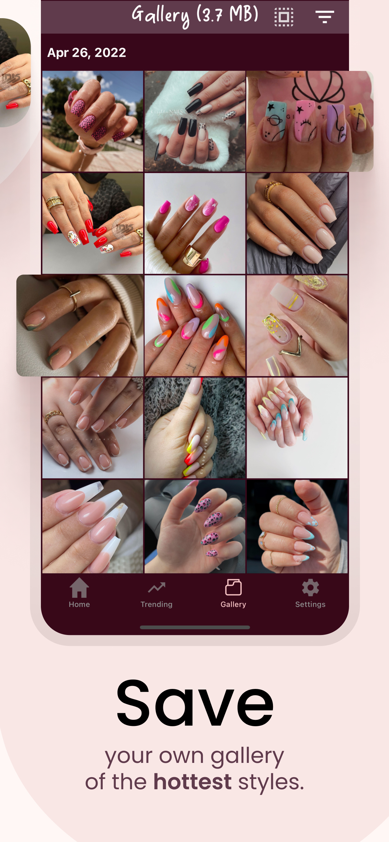 Save a personal gallery of your favorite nail styles.